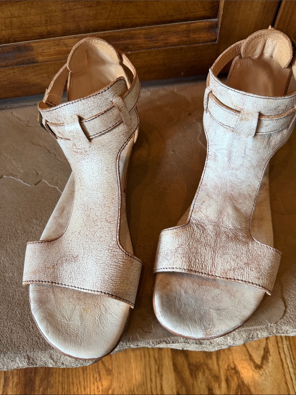 Bed Stu Cream Leather T-Strap Sandals